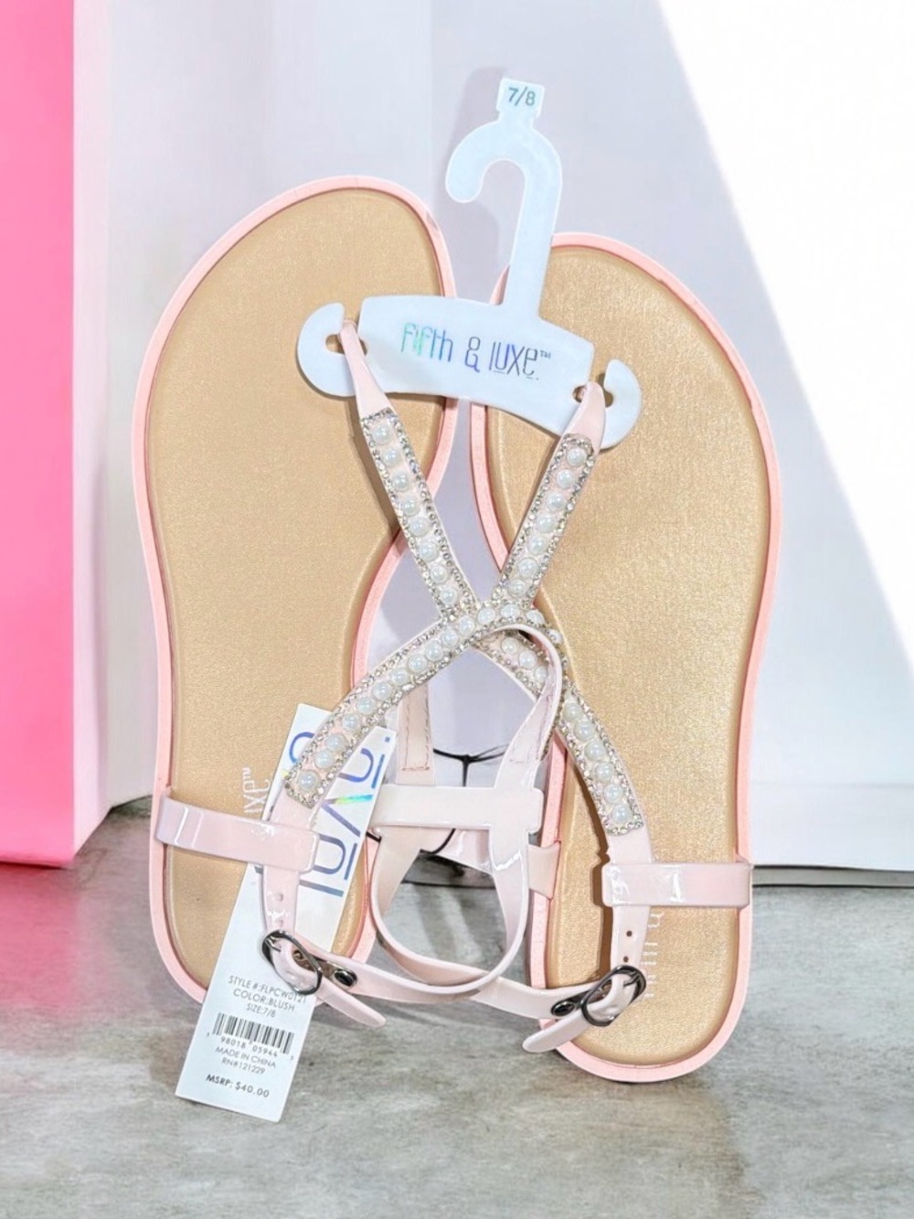 Fifth & Luxe Pink Jeweled T-Strap Sandals